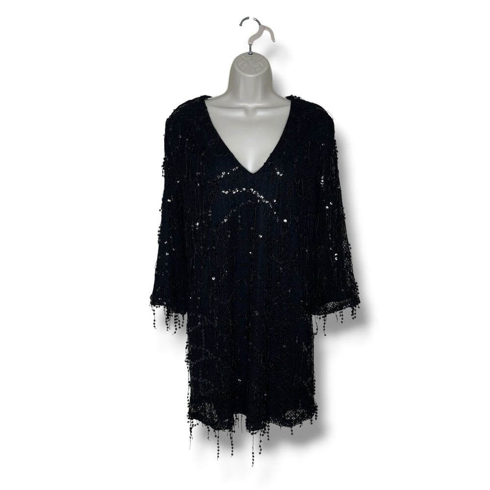 Zara Black Sequin Beaded Fringe Cocktail Dress Women XS V Neck 3/4 Sleeve Glam